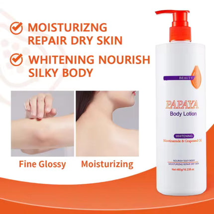 Papaya body lotion bottle with text highlighting moisturizing and whitening properties on a white background.