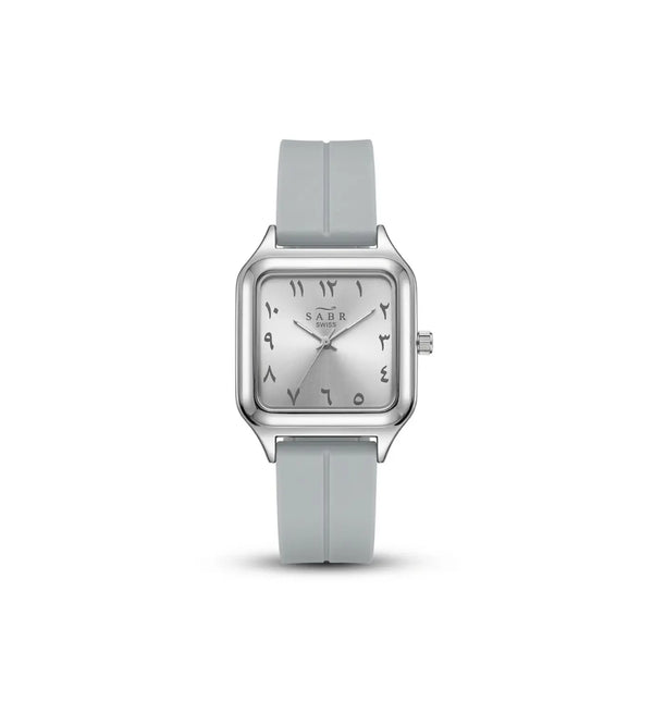 Silver watch with a light gray strap on a white background