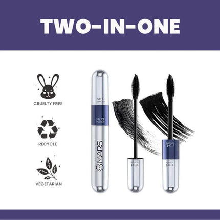 Mascara product with 'Two-in-One' text, cruelty-free, recycle, and vegetarian icons on a white background.