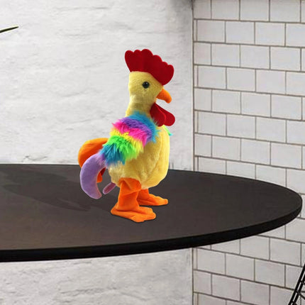 Colorful plush rooster toy on a black surface with a tiled wall background