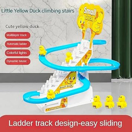 Toy track with yellow ducks climbing stairs and sliding down, featuring colorful lights and music.