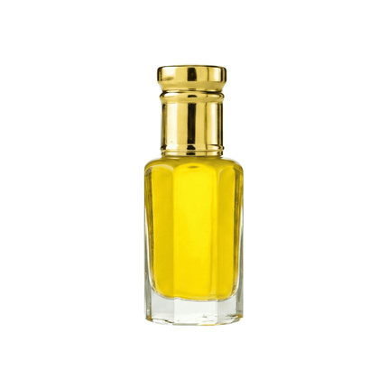 Yellow glass bottle with gold cap on a white background