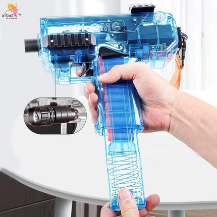 Clear blue toy gun held by a hand with close-up inset on a white surface