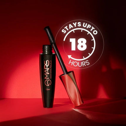 Mascara with visible brand logo on a red background, featuring text 'Stays Upto 18 Hours'.