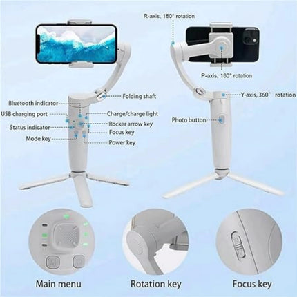 White smartphone gimbal with labeled features on a light blue background