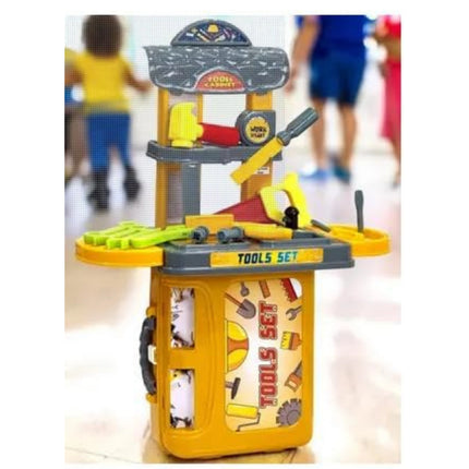 Toy tool set with various tools on a stand in a store setting