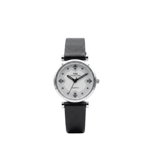 Fire Collection Ladies Quartz Watch White Dial Floral Pattern Black Strap Lightweight