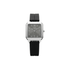 Watch with black strap and silver case on a white background