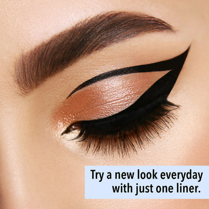 Close-up of an eye with cat-eye makeup and text 'Try a new look everyday with just one liner.'
