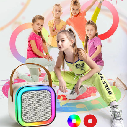 Children dancing with a colorful speaker in front of a rainbow circle background