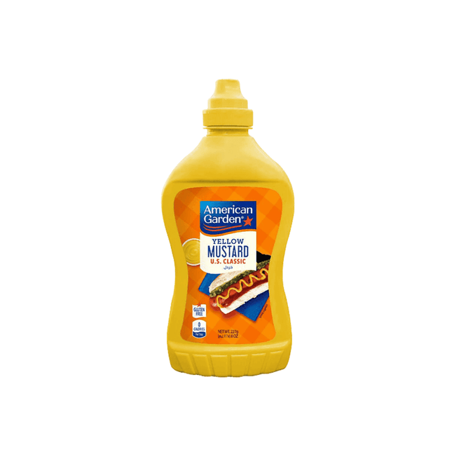 Bottle of American Garden Yellow Mustard on a white background