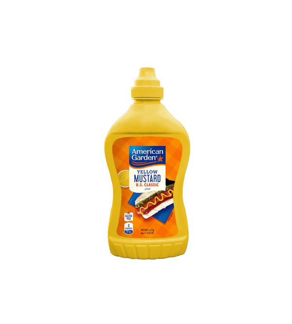 Bottle of American Garden Yellow Mustard on a white background