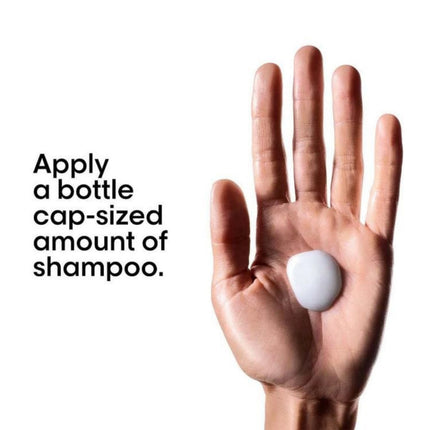 Hand holding a bottle cap-sized amount of shampoo with text on a white background