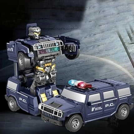 Transforming toy figure in police car and robot form on a dark background