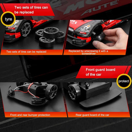 Collage of a toy car with tire replacement and protective features on a dark background.