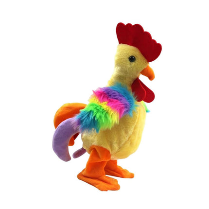 Colorful rooster plush toy on a white background