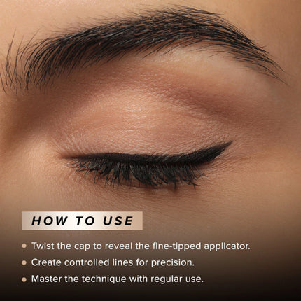 Eyeliner application on a brown background with text on how to use eyeliner.