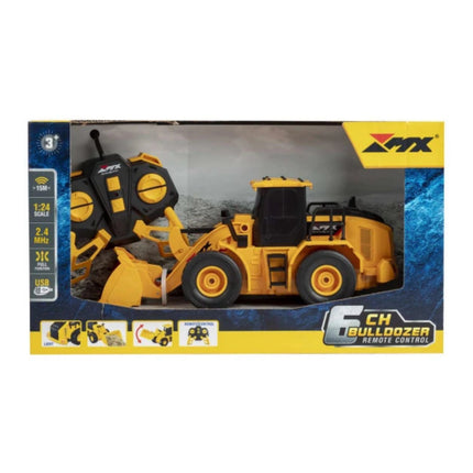 Boxed remote control bulldozer toy with XTM branding on a white background