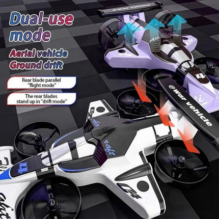 Dual-use aerial vehicle and ground drift mode illustration with text on a checkered background