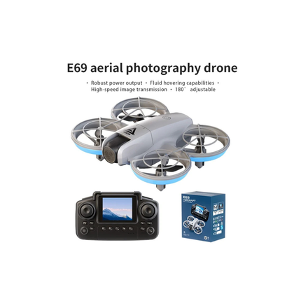E69 aerial photography drone with controller and packaging on a white background