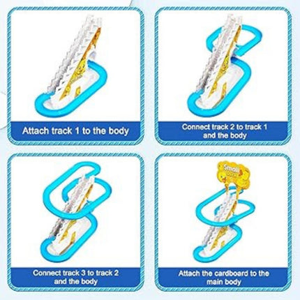 Step-by-step assembly instructions for a toy with blue borders