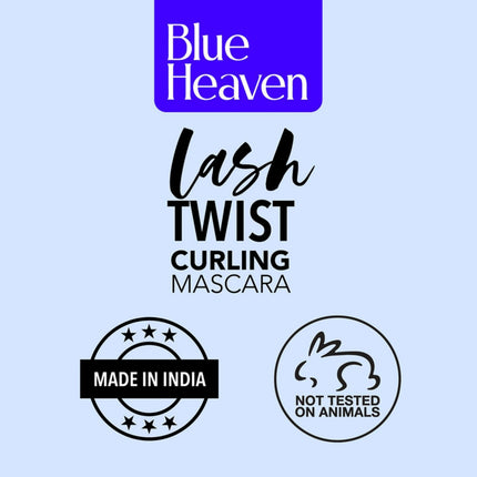 Blue Heaven Lash Twist Curling Mascara packaging with 'Made in India' and 'Not tested on animals' logos on a light blue background.