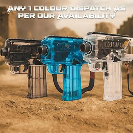 Three toy guns in transparent and blue colors on a sandy background with text about color availability.