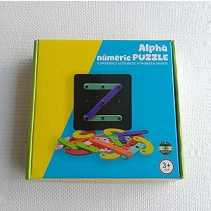 Alpha numeric puzzle packaging with colorful letters and numbers on a white background