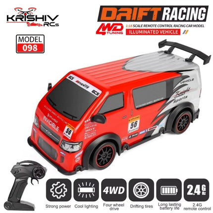 Red and gray remote control racing car with drift racing graphics and features on a white background.