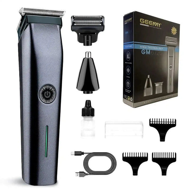 Geemy hair trimmer set with packaging, attachments, and charging cable on a white background