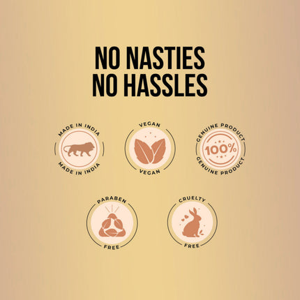 Product label with icons and text on a beige background
