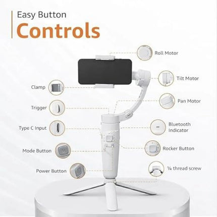 White smartphone gimbal with labeled controls on a white background