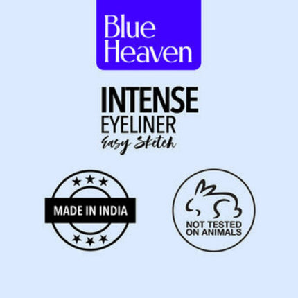 Blue Heaven intense eyeliner packaging with 'Made in India' and 'Not tested on animals' logos on a light blue background.