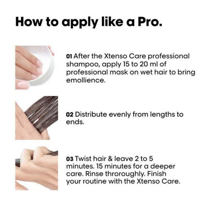 Instructions on how to apply Xtenso Care professional mask for hair care.