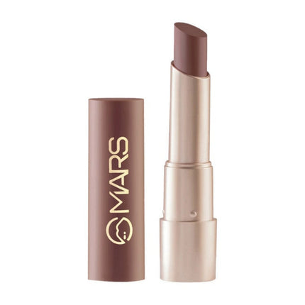 Lipstick with brown shade and visible brand logo on a white background