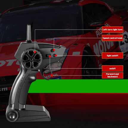 Remote control transmitter with labeled buttons in front of a red car
