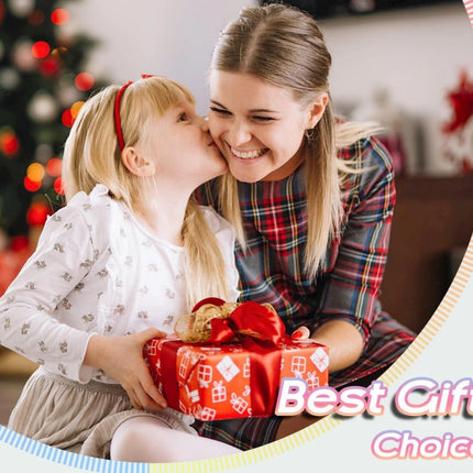 Woman and child with a red gift box in a festive setting