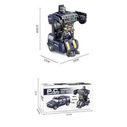 Toy robot with dimensions and packaging on a white background