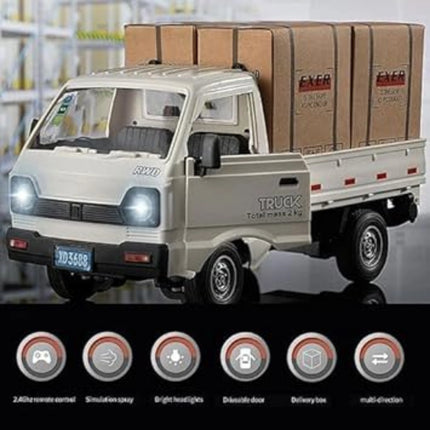 Model truck with cardboard boxes in a warehouse setting
