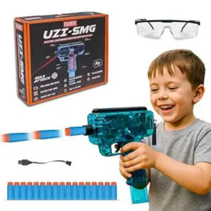 Child holding a toy gun with packaging, glasses, and darts on a white background