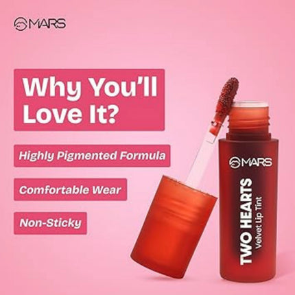 MARS Two Hearts Velvet Lip Tint with text on a pink background