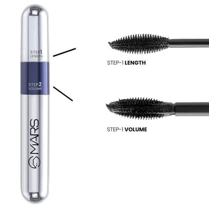Mascara with labeled steps for length and volume on a white background