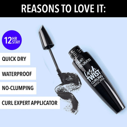 Blue Heaven Lash Twist Curling Mascara with product features listed on a light blue background