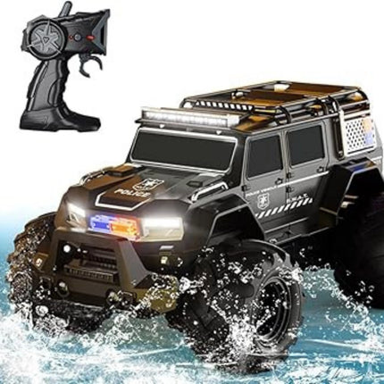 Toy police car with remote control driving through water