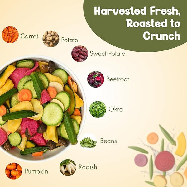 Colorful roasted vegetable chips with labels on a beige background