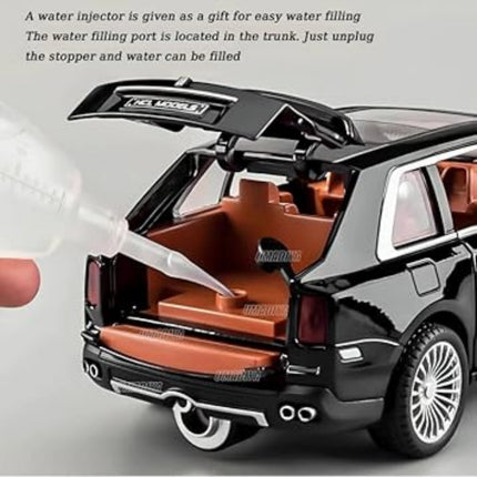Model car with water injector and trunk open, showing water filling process.