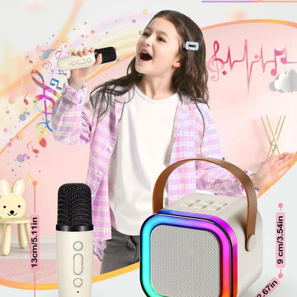 Child singing into a microphone with a colorful speaker device on a decorative background