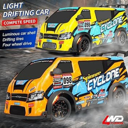 Two yellow and blue drifting cars with 'Spinner Cyclone' branding on a road.