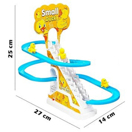 Toy track set with small duck figures and measurements on a white background