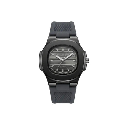 Black watch with a textured strap on a white background